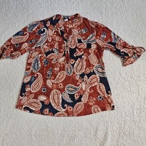 Cocomo Red And Blue Paisley Ruffled Neck Stretch Top Blouse 1X